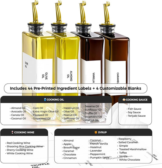 Glass Oil Dispenser for Kitchen, Olive Oil Dispenser Bottle, Set of 4, Gold
