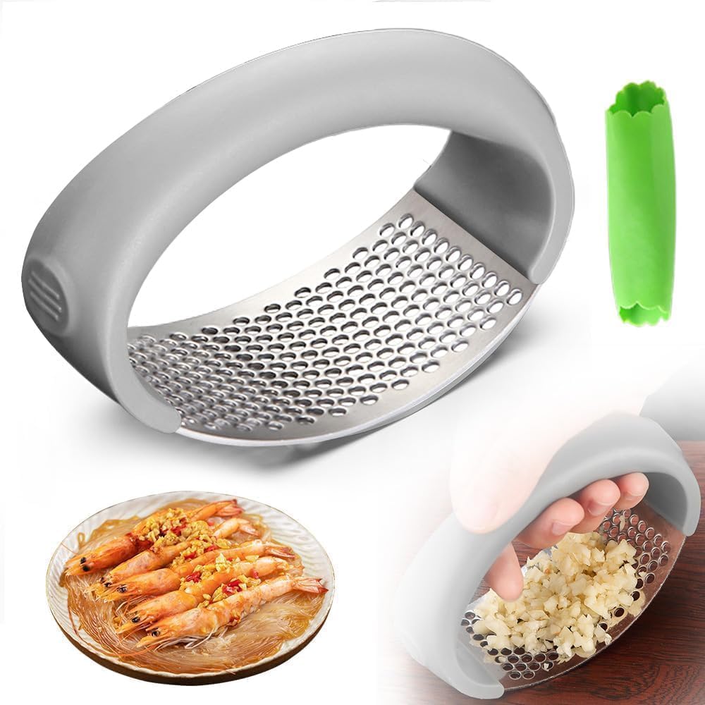 Garlic Press Rocker - 2026 NEW Stainless Steel Garlic Mincer Garlic Crusher with Peeler, New Innovative Garlic Chopper with Peeler and Scraper for Smash Garlic (Black)
