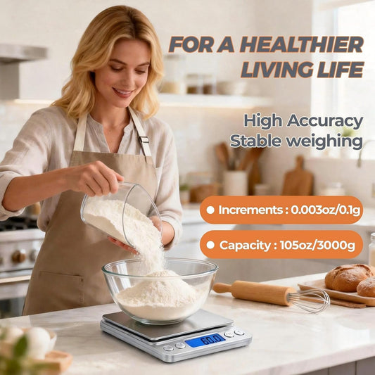 Digital Food Kitchen Scale, 105oz/0.01oz High Accuracy Mini Digital Scale for Cooking, Baking & Meal Prep, Measures in oz, Tare Function, 2 Trays, LCD Display