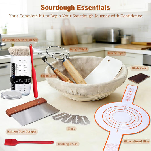 Sourdough Starter Kit with Banneton Bread Proofing Basket, 9” Round Banneton with Liner, 24 oz Starter Jar, Bread Lame, Dough Whisk & Sourdough Baking Supplies