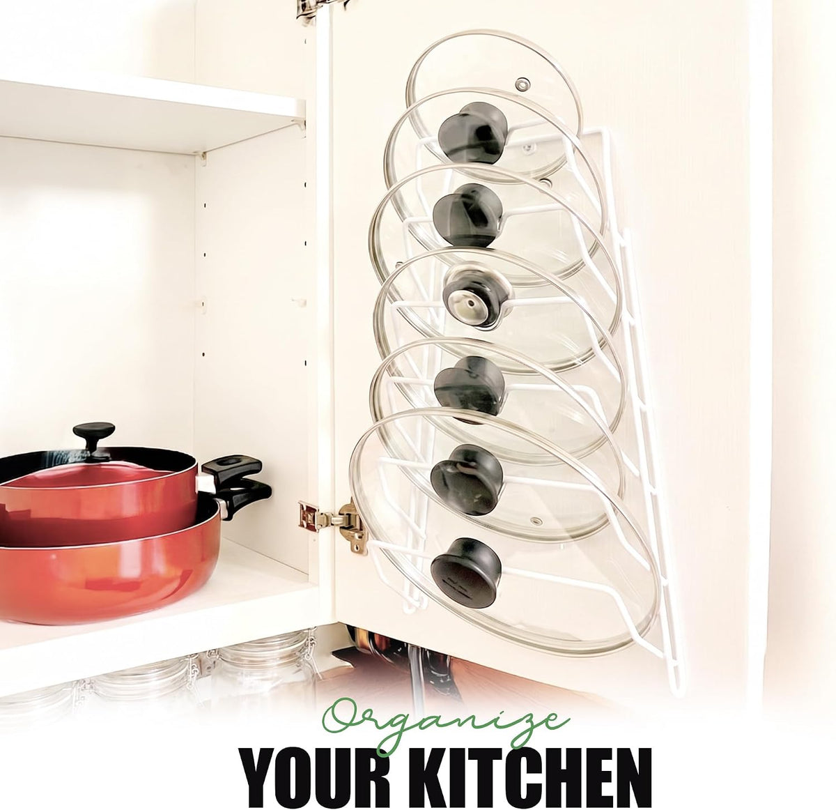 6-Slot Pot Lid Organizer, Cabinet Door or Wall Rack, White, 1-Pack | Six slots organize glass and metal pot or pan lids; mount on a cabinet door or pantry wall to maximize kitchen storage.
