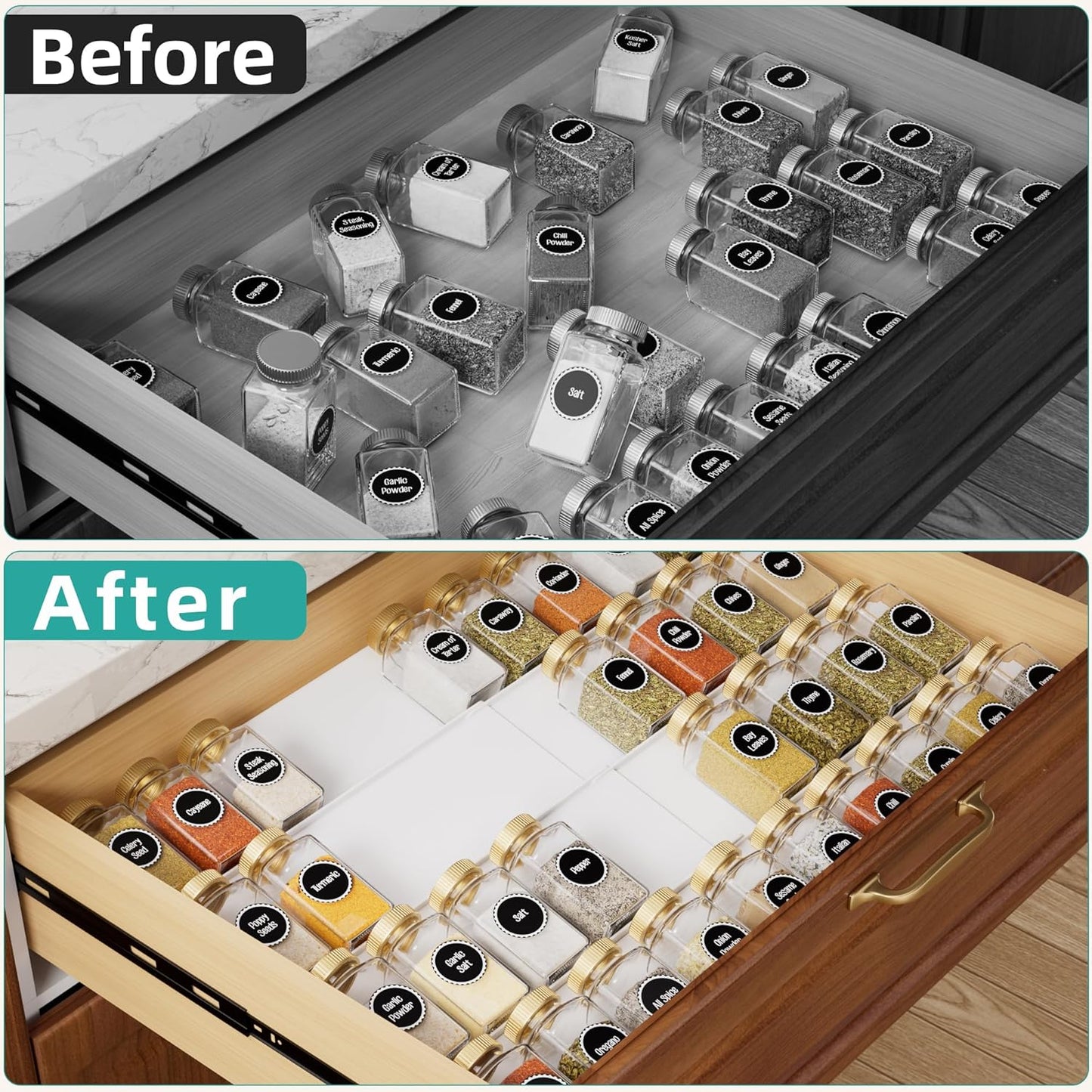 Clear Acrylic Spice Drawer Organizer, 4 Tier- 2 Set Expandable From 13" to 26" Drawer Seasoning Organizer, Kitchen Spice Rack Tray for Drawer/Countertop (Jars not included)