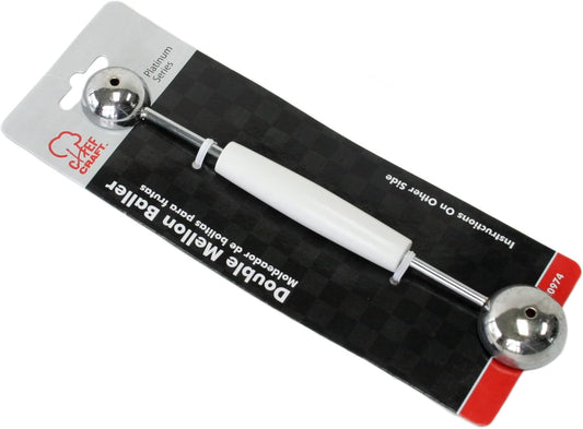 Double Sided Stainless Steel Melon Baller, 7.5 inches in length, White