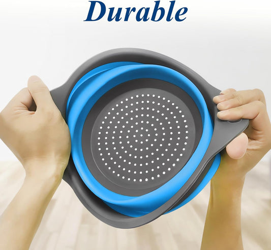 Collapsible Colander Set of 3, Space-Saving Foldable Strainer for Kitchen | 3 Sizes Food Strainer for Draining Pasta, Vegetable and Fruit, Kitchen Gadgets for Home Use and Outdoor Camping (Blue)