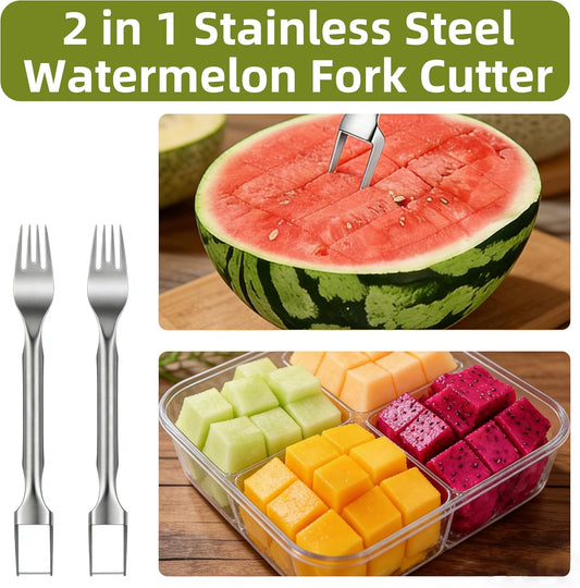 Watermelon Fork Slicer Cutter, 2PCS Stainless Steel 2-in-1 Watermelon Cutter, Portable Watermelon Fork Watermelon Cutter Slicer Tool Fruit Forks Slicer for Home Party Camping Kitchen Gadget