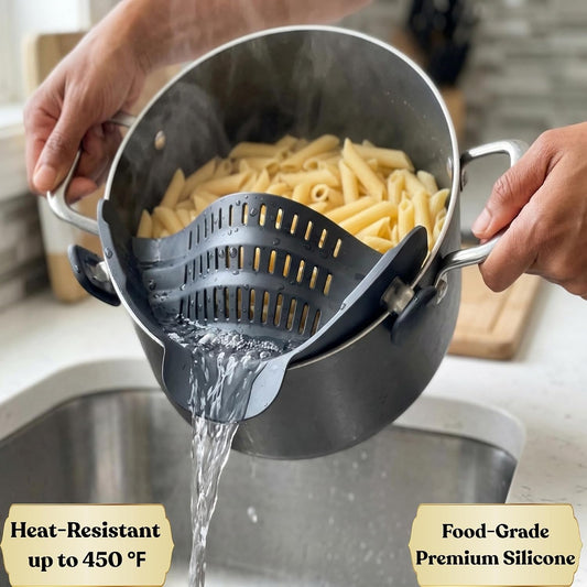 Clip On Strainer Silicone for Pots and Pans, Universal Fit Pasta Strainer and Pot Colander, Space Saving Food Drainer with Collapsible Funnel and Garlic Peeler, 3 Pcs Set, Black