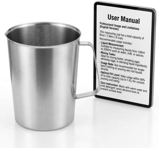 304 Stainless Steel Measuring Cup 64 OZ with OZ/ML Graduations, 8 Cup Kitchen Mixing Pitcher, Precision Engraved Markings, Container for Baking and Frothing, 2 Liter