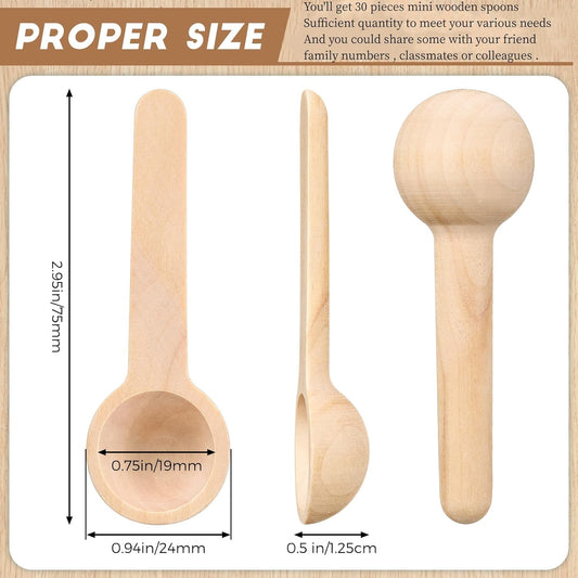 30 Pieces Mini Wooden Spoons Bulk 3 Inch Small Condiments Tiny Jars Spoons for Coffee Condiment Honey Teas Sugar Kitchen Cooking Bath Salt (Cute Style)