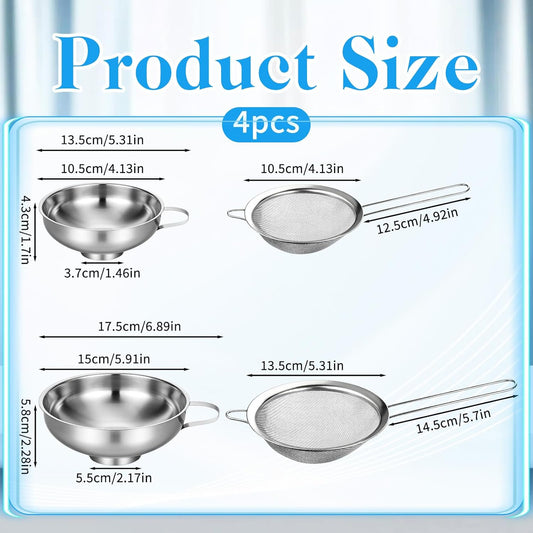 4 Pieces Stainless Steel Funnels with Fine Mesh Strainer | 2 Size Kitchen Canning Funnels Food Can Drainer Strainer with Handle