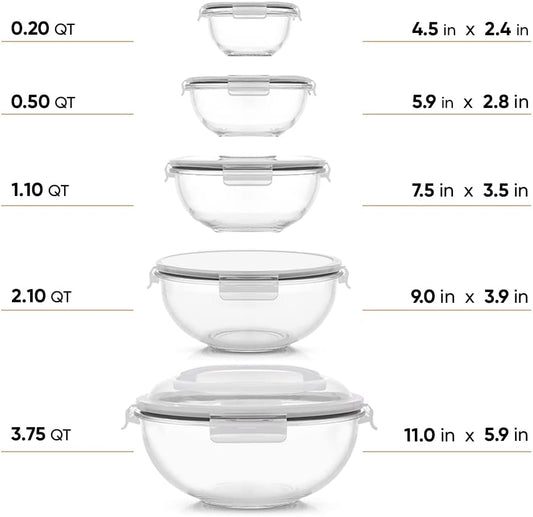 Kitchen Mixing Bowls. 5pc Glass Bowls with Lids Set – Neat Nesting Bowls. Large Mixing Bowl Set incl Batter Bowl, Cooking Bowls, Storage Bowls with Lids and Big Salad Bowl with BPA-Free Lids