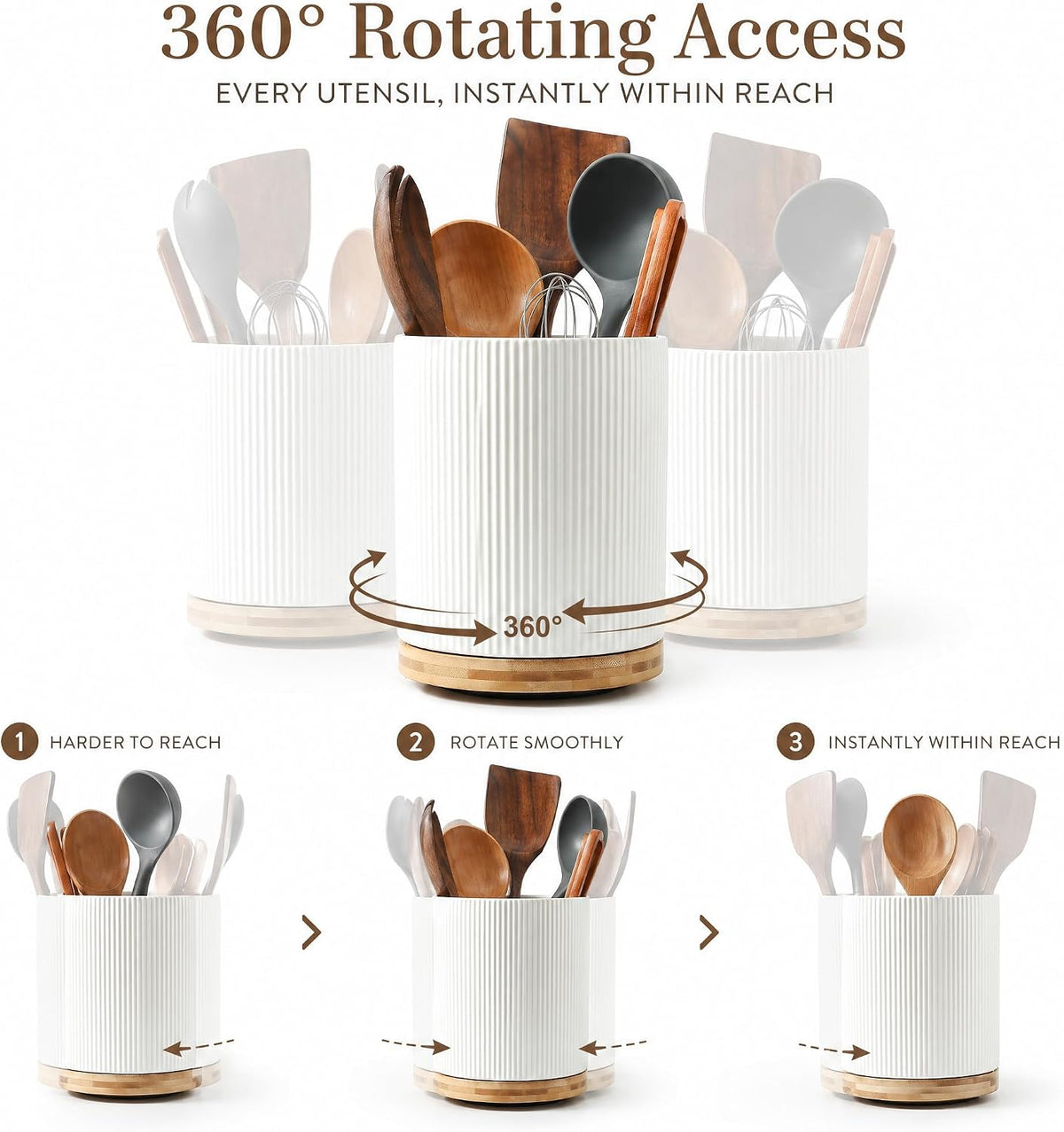 Large Ceramic 360° Rotating Utensil Holder, Cream Milk White | 7.76" Jumbo Utensil Crock for Cooking Utensils, with Rotable Bamboo Base, Durable Countertop Storage for Home Kitchen