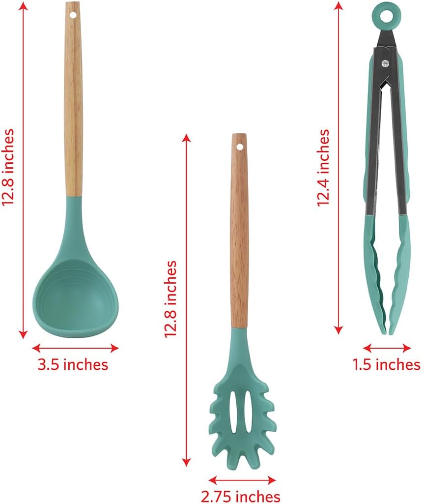 Glad Silicone Kitchen Utensils Set, 8pcs - Nonstick Cooking Tools with Wooden Handles and Utensil Holder - Spatula Set with Turner, Ladle, Spoons, Tongs, and Spaghetti Server - Blue