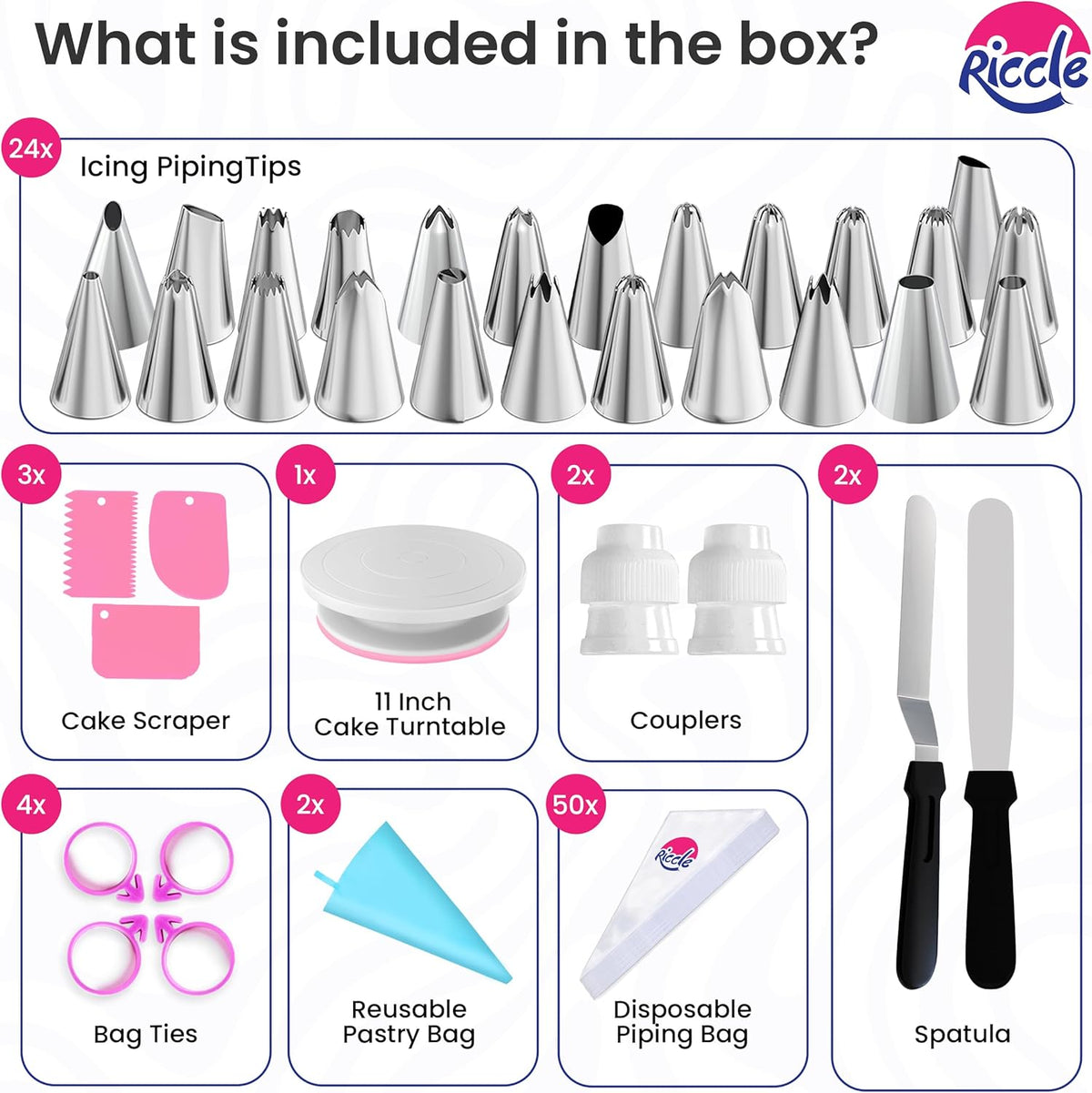 88 pcs Cake Decorating Kit with Cake Turntable - Includes 50 Disposable + 2 Reusable Piping Bags and Tips Set, 24 Icing Piping Tips, 2 Spatulas, 3 Icing Comb Scraper, Baking Supplies