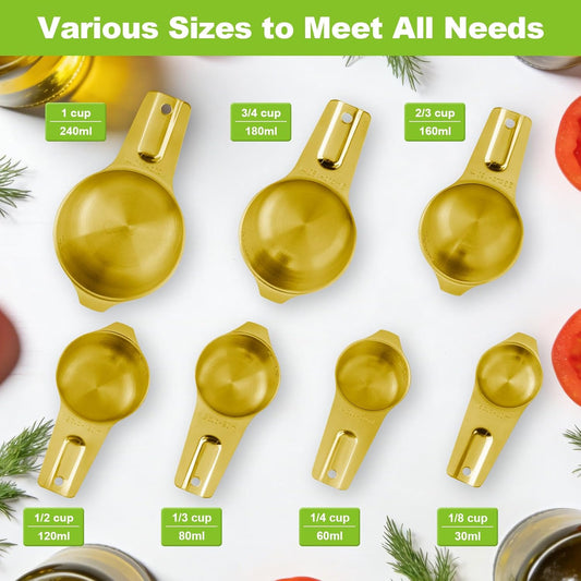 7 Pcs Gold Measuring Cups Stainless Steel, Nesting Metal Measuring Cups with Markings & Ring, Stackable Measure Cups Spoons Set for Cooking Baking Supplies, Kitchen Utensils for Dry Liquid Ingredients