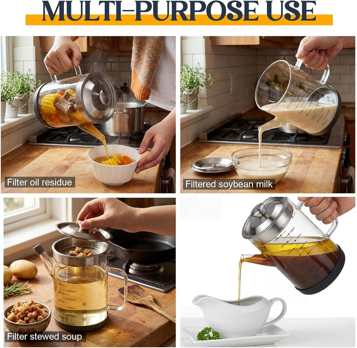 6.25 Cups / 1.5L Glass Fat Separator with Strainer, Oil Container