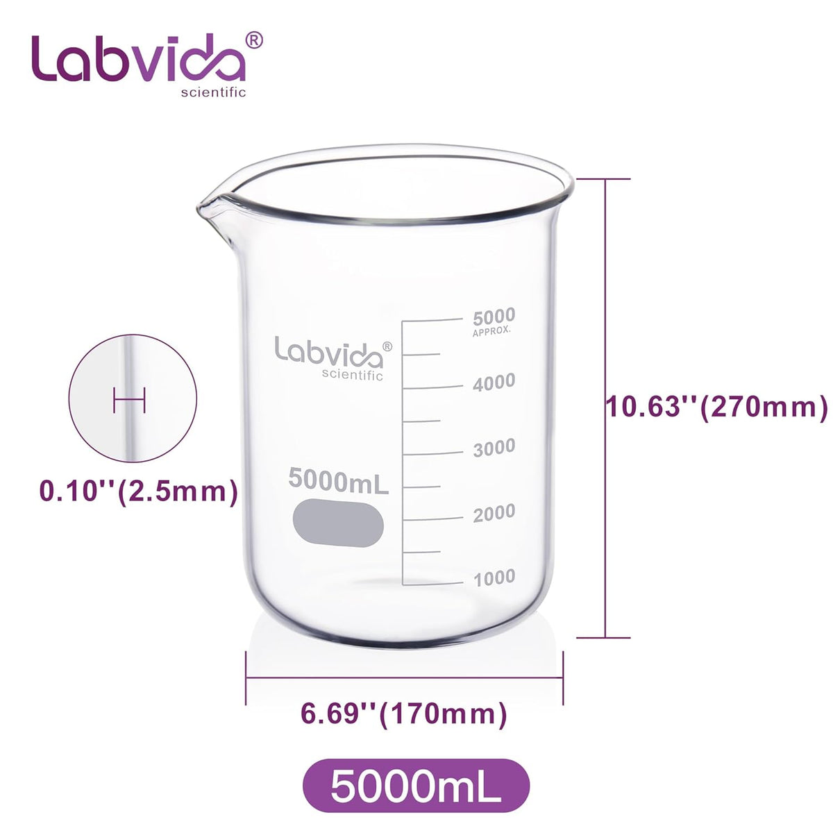 Upgrated 6 Size Low Form Glass Beaker Set, 25ml 50ml 100ml 250ml 500ml 1000ml, 3.3 Boro Glass beakers with Printed Graduation, LVA019