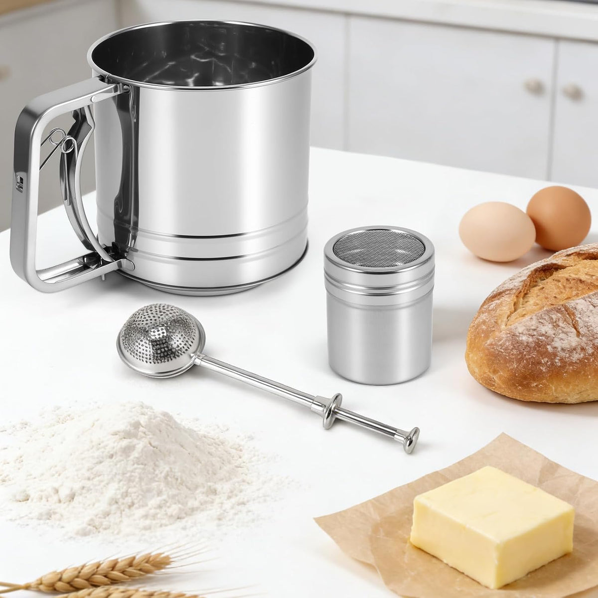 Flour Sifter for Baking, 3 Cup Double-layer Squeeze, Stainless Steel
