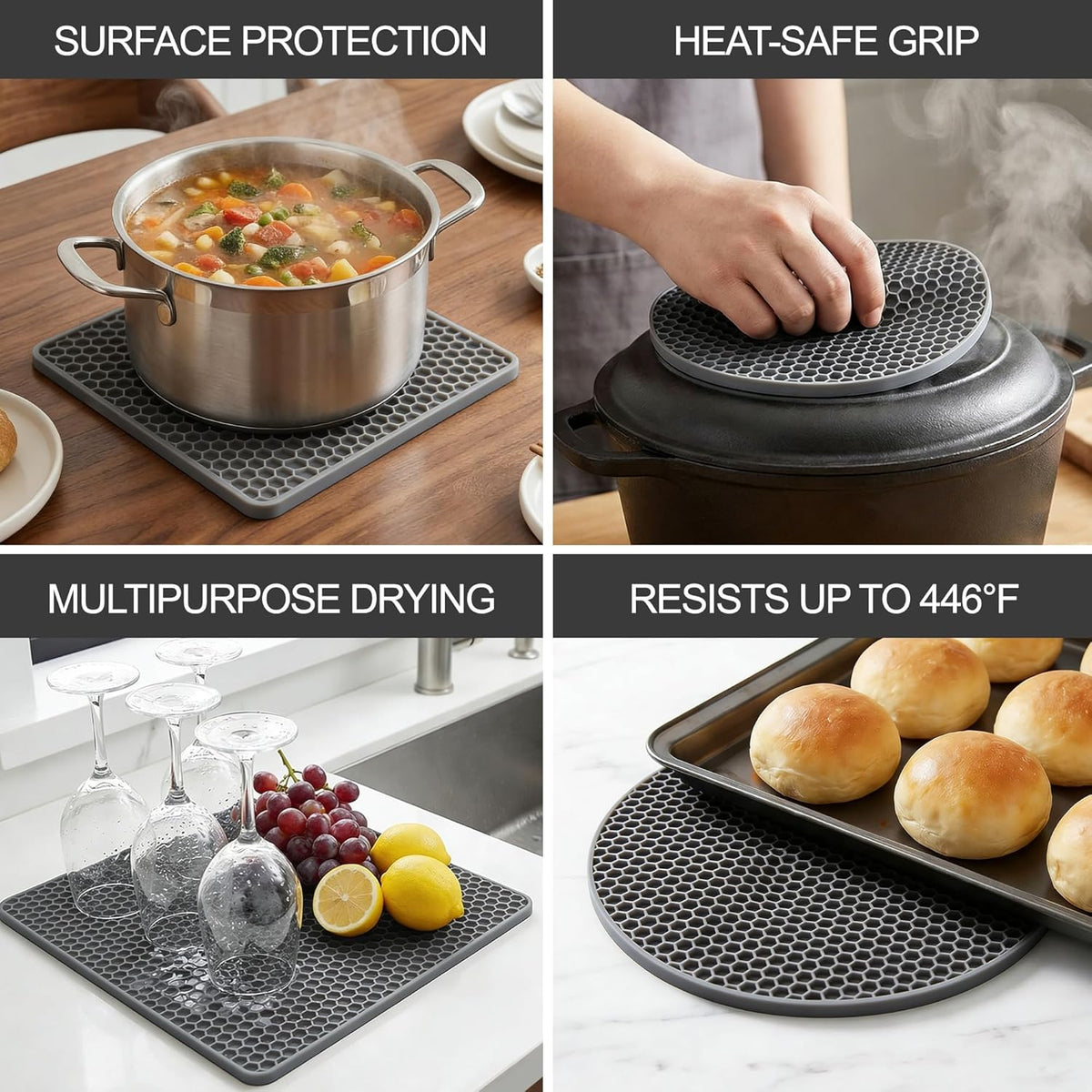 4 Pack Silicone Trivets for Hot Dishes | Heat-Resistant Non-Slip Hot Pads for Kitchen Countertops and Tables, Food-Grade Thick Silicone Mats (7.1x7.1in)