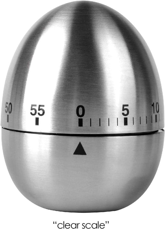 Jayron Egg Timer 60-Minute Stainless Steel Mechanical Wind-Up Kitchen Timer | Egg-shaped silver body, wind-up dial, battery-free, bell reminder, boiling eggs, pasta, baking, tea, BBQ, coffee, desk use