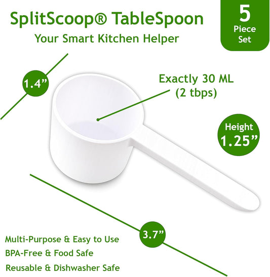 2 Tablespoon Scoop (30ml) – Coffee Scoop For Ground Coffee & Protein Powder 2 Tbsp Scoop, Long Handle Tablespoon Measuring Spoon, 30 Gram Capacity, 6 Teaspoon Measure Kitchen Tool (5 Pack Set), White