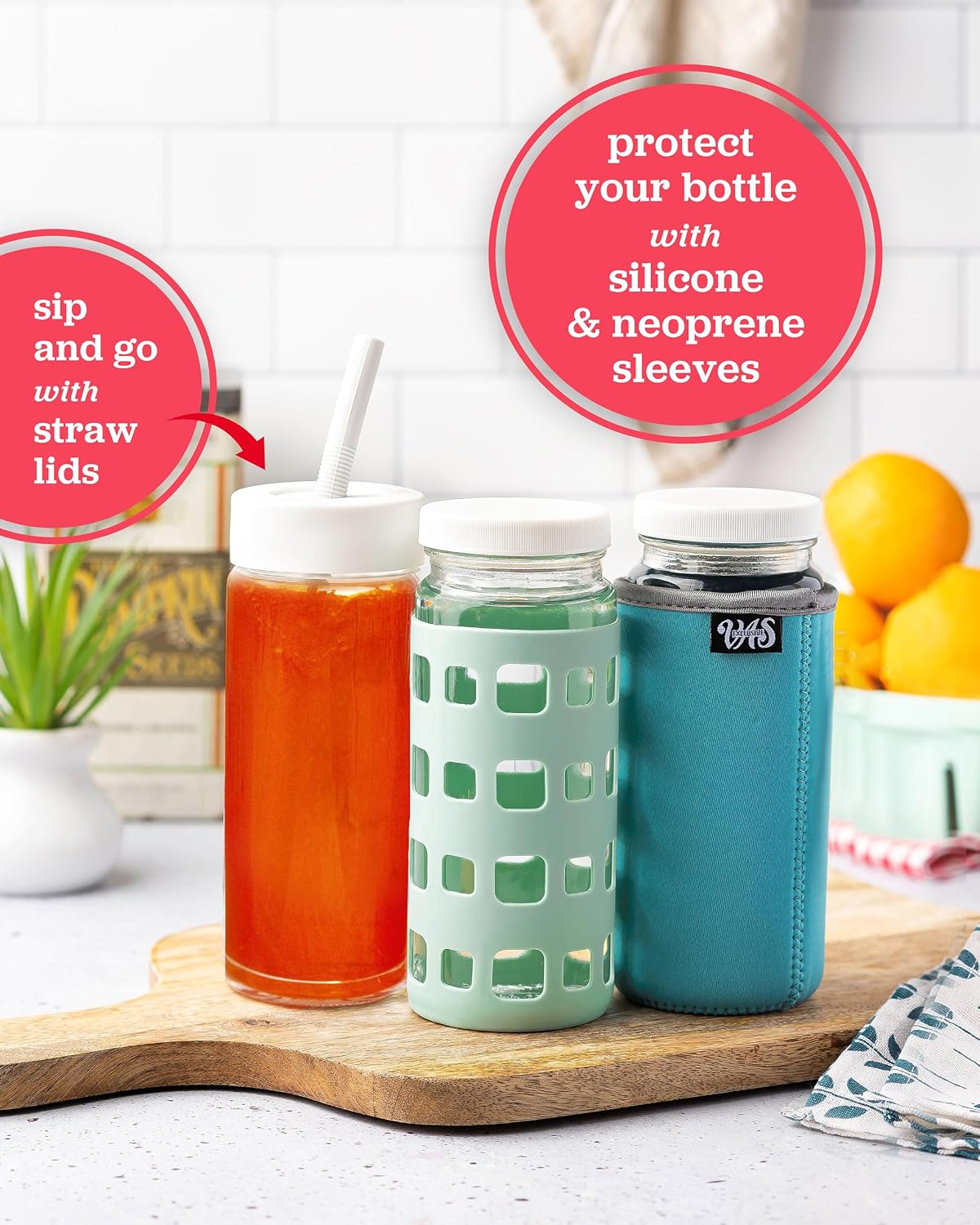 Glass Bottles Set, Clear, 32 oz Jars, 4 Pack Wide Mouth with Lids