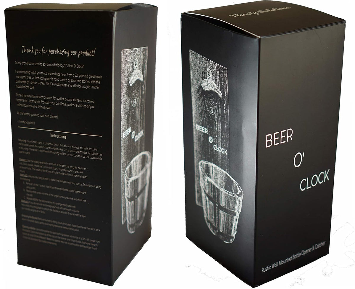 “Beer O’ Clock” Rustic Wall Mounted Bottle Opener and Catcher - Dark Stain Pine with Zinc Alloy Opener - Removable Wooden Bucket - Man (or Woman) Cave Ready