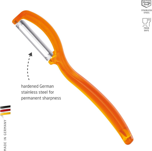 Swivel Peeler, Orange - Stainless Steel Straight Twin Blade - Peels Hard-Skinned Fruits & Vegetables - Lightweight Handle - Dishwasher Safe - Made in Germany