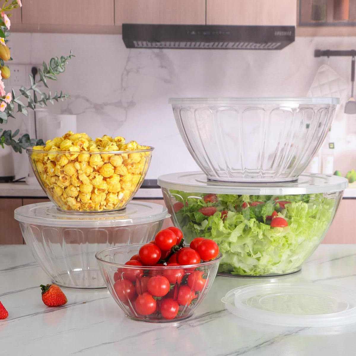 5 Pack Extra Large Mixing Bowls with Lids Set, Plastic Nesting Bowls for Meal Prep, Baking, Serving, 7.2/4.7/2.9/1.8/0.9 qt