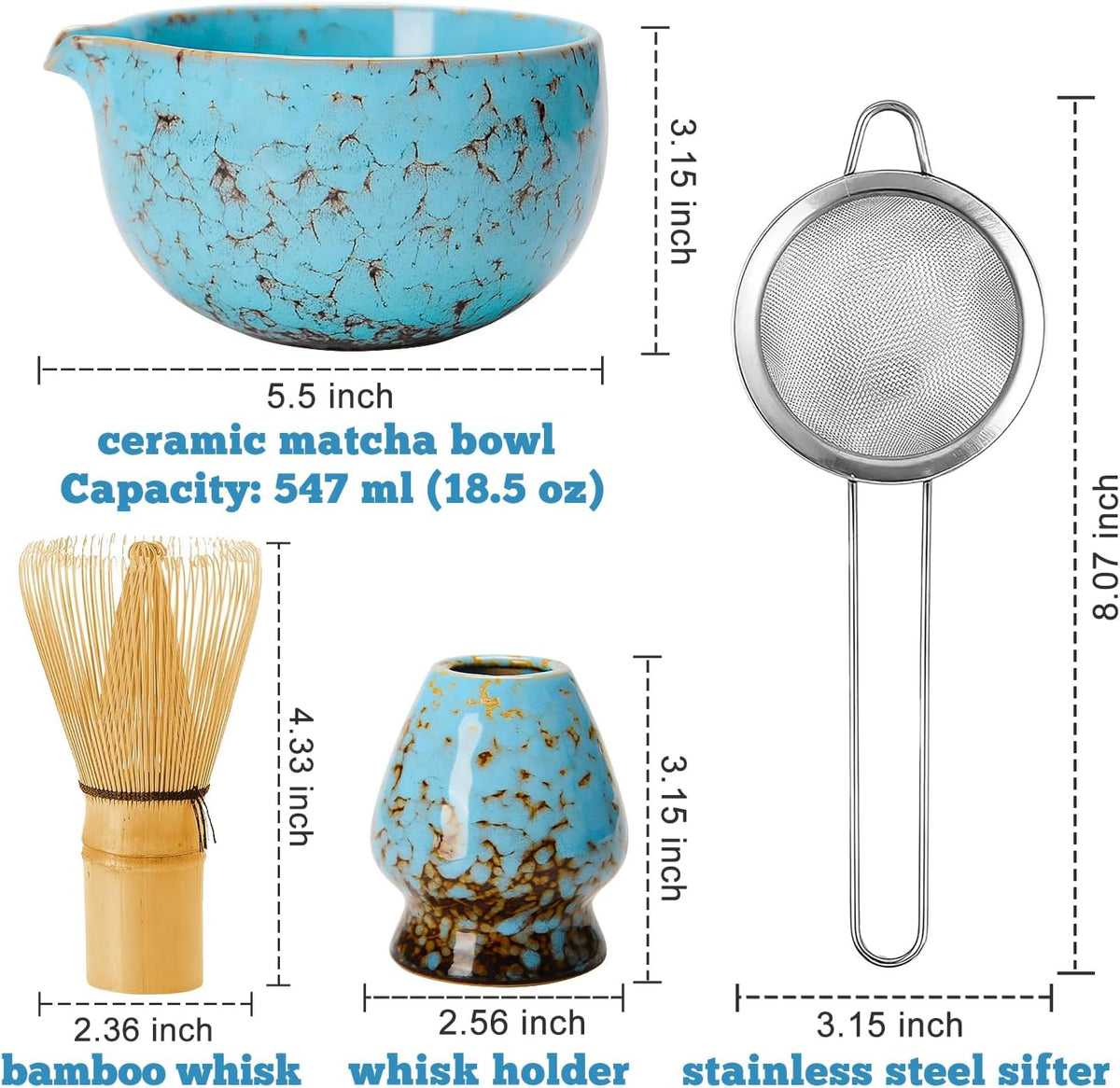 Matcha Whisk Set Ceramic Bowl Kit with Spout, Bamboo Chasen and Holder, Scoop Rest,Sifter Tea Towel Ceremonial Cute Matcha Tea Making Tool,Gift Perfect for Latte Lovers | Beginners,7pcs