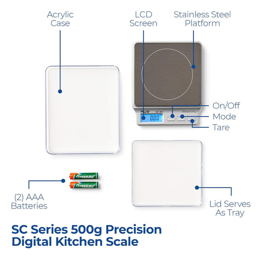 SC Series Precision Digital Kitchen Weight Scale, Food Measuring Scale, 2kg x 0.1g (Silver), AMW-SC-2KG (500g x 0.01g)