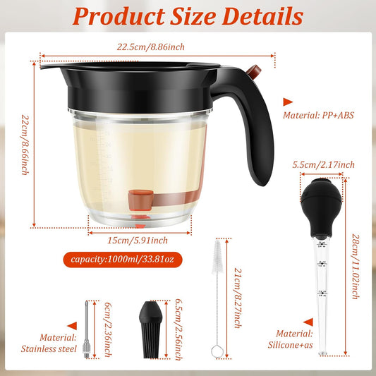 Fat Separator with Bottom Release, 33 Oz Gravy Separator for Cooking with Oil Strainer, Kitchen Gadgets Grease Separator with Stainless Steel Barbecue Syringe