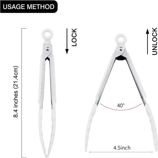 7 inch Cooking Tongs, Set of 3 Mini Kitchen Tongs Silicone Serving Tongs With Silicone Tips for FoodGrill, Salad, BBQ (Snow White)