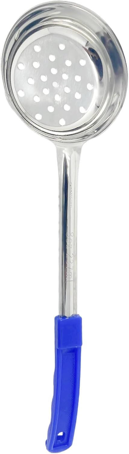 2 Pack - 8 oz. Slotted Portion Control Scoops, Spoodles - Blue Handle Perforated Food Serving Spoon, Small, Silver, MCP08EP
