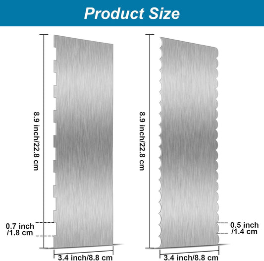 2 Pcs 9 in Double Sided Comb Stainless Steel Cake Scraper Smoother | Double Sided Patterned stripe edge and smooth edge, for cream decorating, metal comb scraper