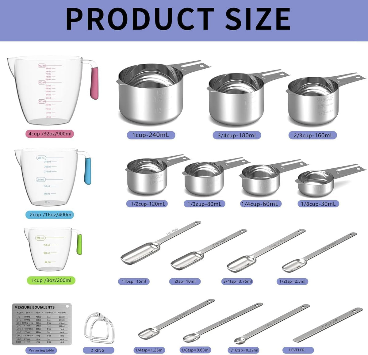 Stainless Steel Measuring Cups and Spoons Set,6 Stainless Steel Measuring Cups,7 Measuring Spoons & 1 Leveler,3 Plastic Measuring Cup with 1 Measuring Conversion Chart Round