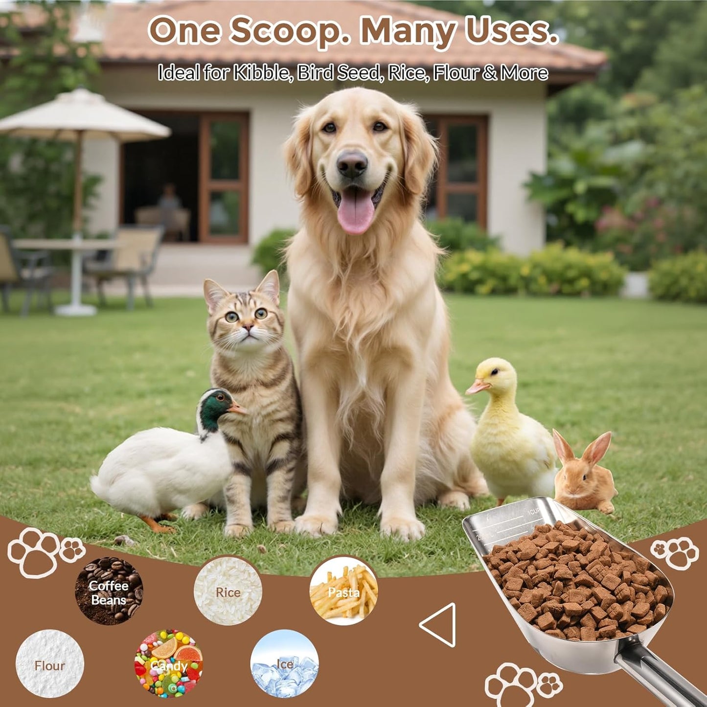 Pet cat-dog food-scoop measuring 1-cup - Food-grade 304 stainless steel material | 1-Cup capacity | Precision scale measurements
