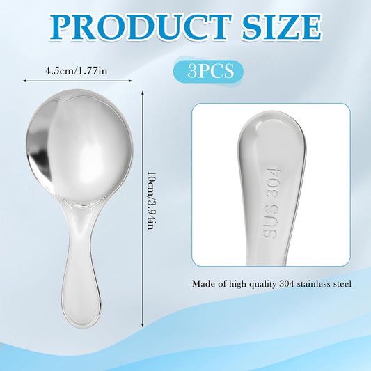304 Stainless Spoons for Canisters, 3 PCS Short Handle Spoons, Silver Mini Scoops, Thickened Small Round Spoon, Small Coffee Scoops Candy Scoops for Salt Sugar Condiments Tea Desserts Coffee