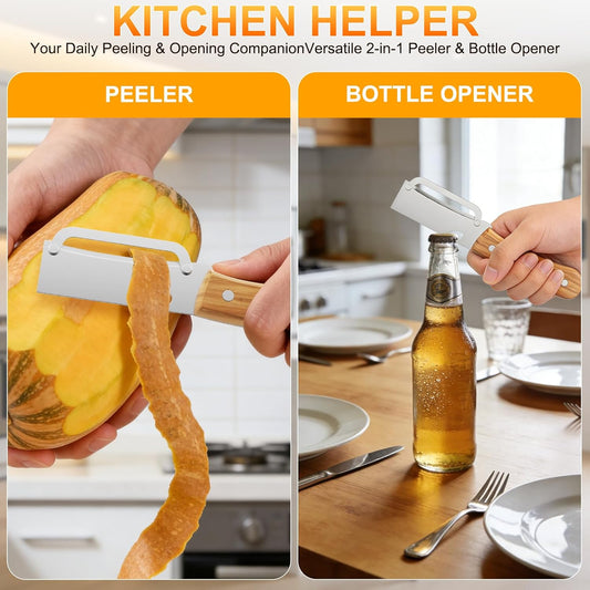 Multi-Functional Vegetable Peeler with Wooden Handle and Bottle Opener,Ultra-Sharp Stainless Steel Blade Kitchen Tool for Fruit Apple Potato Pumpkin Papaya