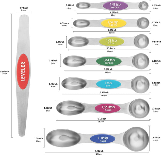 Magnetic Measuring Spoons Set of 8 with Leveler (Color) | Stainless Steel Dual Sided Teaspoon and Tablespoon Stackable Fits in Most Kitchen Spice Jar,Rust-Proof,Nesting Saves Space