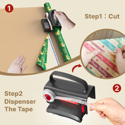 (2-Pack) Wheel Wrapping Paper Cutter & Tape Dispenser with 4 Tapes,2 Replace Blades Kit for Christmas Gift Wrap Cutter Tool Paper Roll Holder Tube Sliding Slicing for Birthday Holiday.
