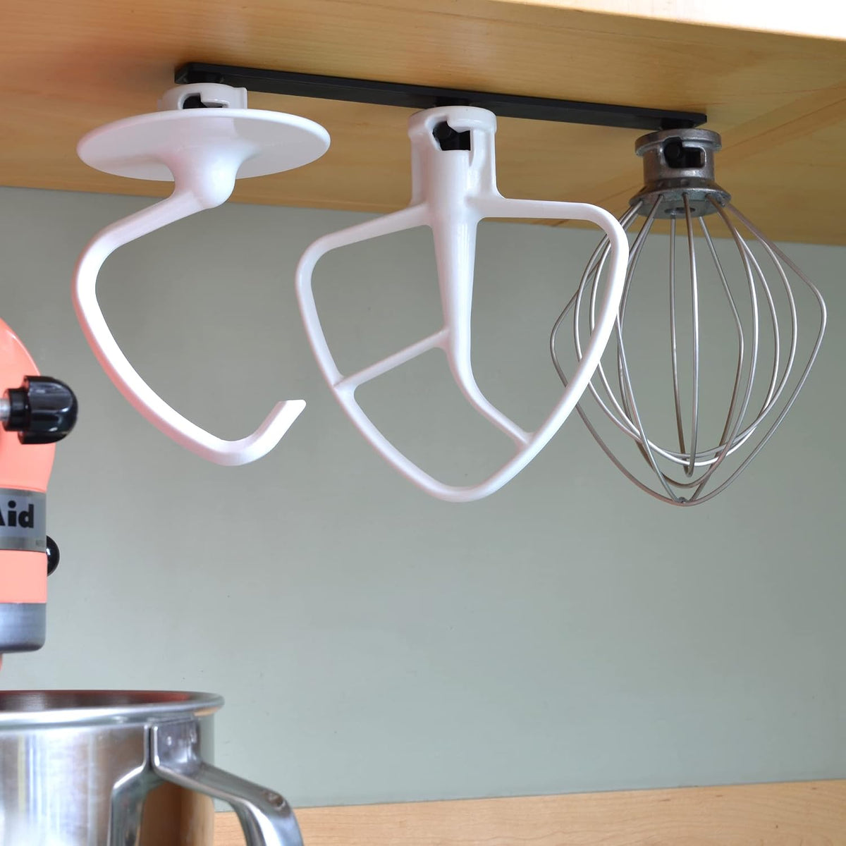 Kitchen Mixer Triple Attachment Mount | Triple Space Saver | Organize your Flat Paddle Beater, Wire Whisk, Dough Hook Attachments (Black)