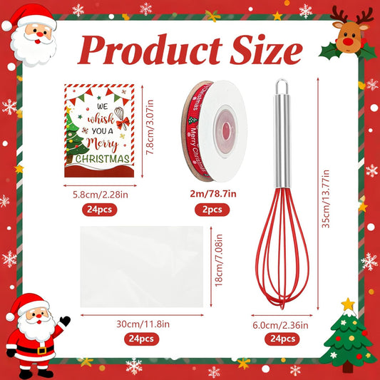 24 Sets Christmas Whisk Gift Sets Xmas Party Favors Includes 10 Inch Stainless Steel Egg Beaters Greeting Cards Ribbons Plastic Bags Ideal for Baking Cooking Stocking Stuffers Holiday (24, 10 Inch)