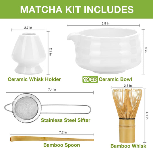 Matcha Whisk Set, Japanese Tea Set (5pcs) includes Matcha Bowl with Spout (19 oz), Bamboo Whisk and Matcha Scoop, Whisk Holder, Stainless Steel Sifter, Tea Making Tools, Matcha Kit