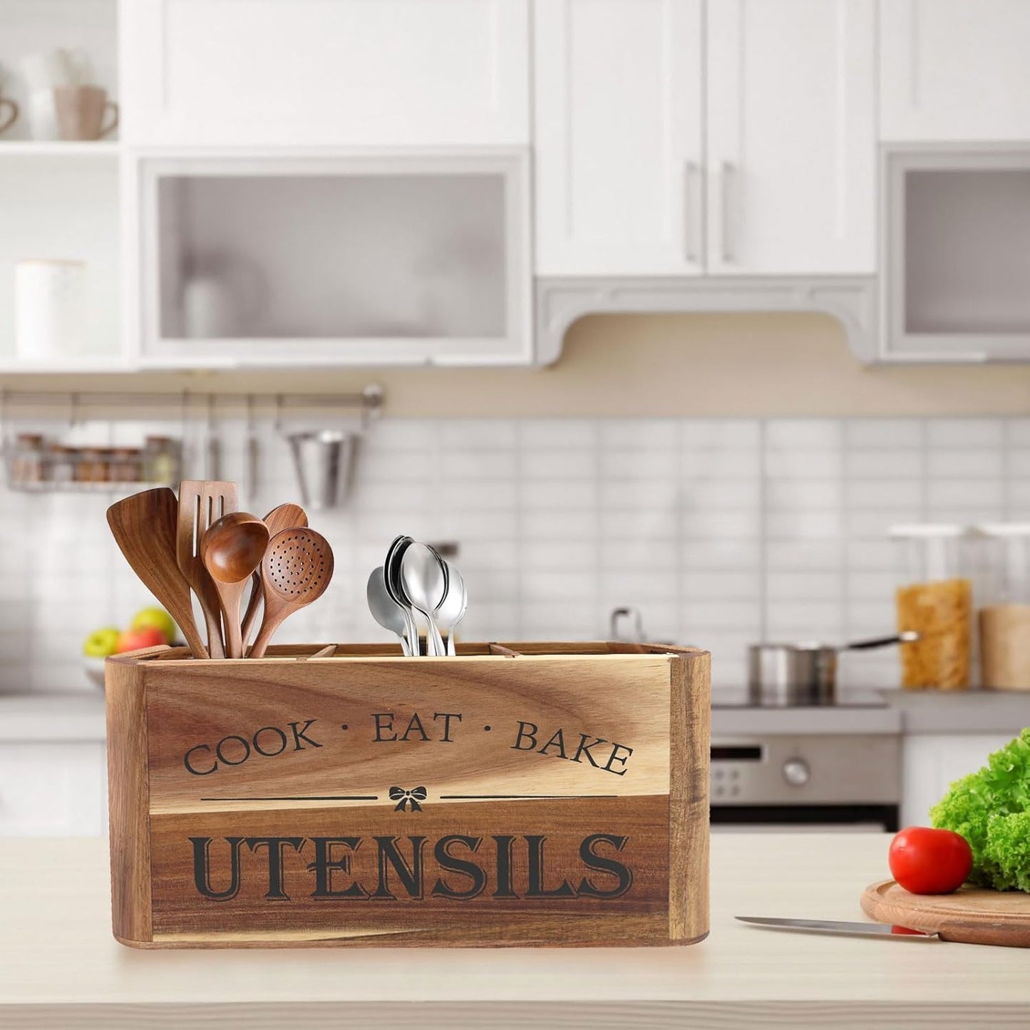 Utensil Holder for Kitchen Countertop - Extra Large 4 Compartment Wooden Organizer in Acacia Wood, Storage for Cooking Tools and Cutlery, Farmhouse Style for Home Cooking