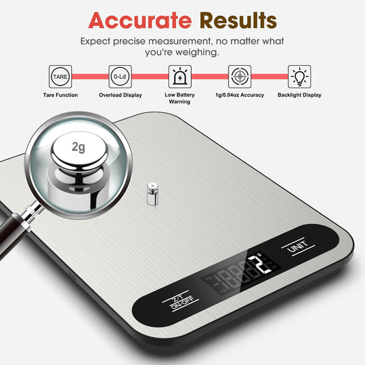 Food Scale, 22lb Digital Kitchen Scale with 6 Units Tare Function | LCD Display, Stainless Steel Weight Grams and Ounces for Baking, Cooking and Meal Prep (Batteries Included)