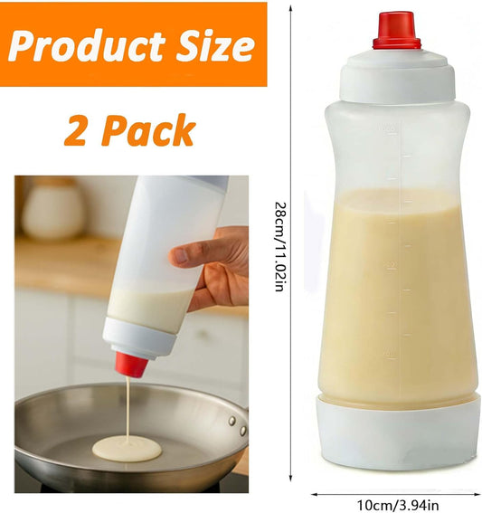 2 Pack Pancake Batter Mixer and Dispenser, 1000ml Silicone Squeeze Bottle for Pancakes, Waffles, Crepes, Muffins, Qatayef, Cupcakes