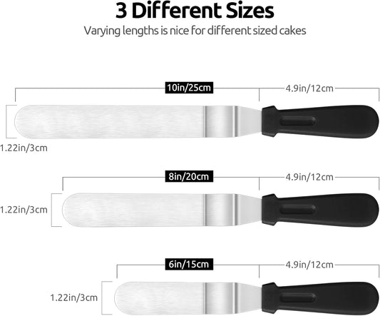 Icing Spatula, Offset Spatula Set with 6", 8", 10" Blade,Stainless Steel Angled Cake Decorating Frosting Spatula Set of 3 (Black)