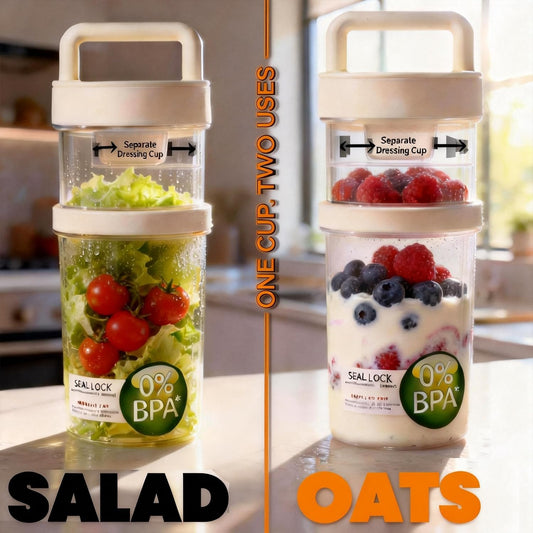 4 Pack Salad Cup with Dressing Container and Spoons - Portable Plastic Salad Prep Containers to Go - Leak-Proof Yogurt Parfait Cups - 2-Tier Meal Prep Containers for Breakfast & Lunch, Office, School