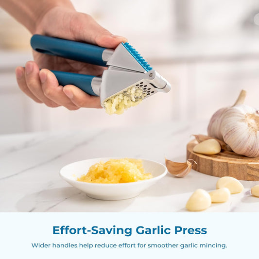 Garlic Press, Stainless Steel Garlic Mincer with Premium Zinc Alloy Construction, Easy-Squeeze Ergonomic TPE Non-Slip Grip Handles, Reverse Cleaning Bumps and Dishwasher Safe Design, Blue