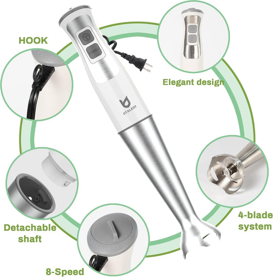 3-in-1 Immersion Hand Blender - Puree Baby Food, Sauces and Soups | 8-speed stick blender, Pure Copper Winding Motor, 5.2 feet power cord, 4-point Ice crush SS blade, Egg whisk, Milk frother